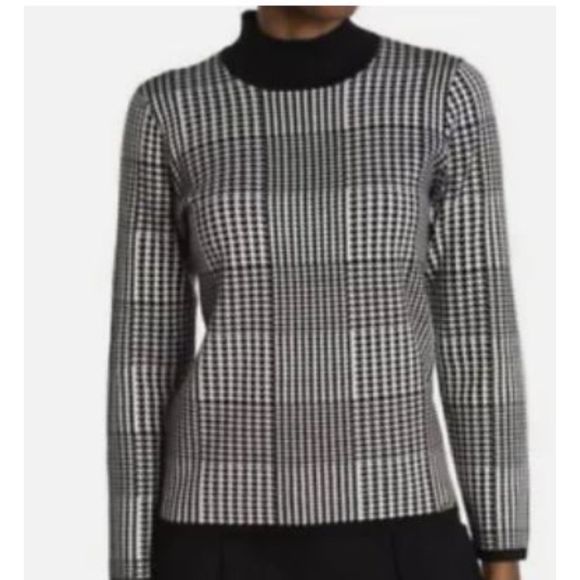 T Tahari Sze XL Hounds Tooth Sweater Mock Turtleneck Black White Long Sleeve EUC - Picture 2 of 4